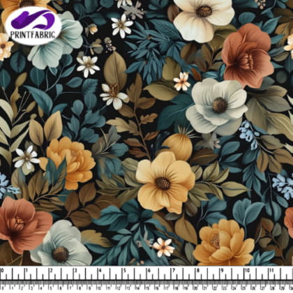 Motif floral en orange, jaune et brun sur fond noir