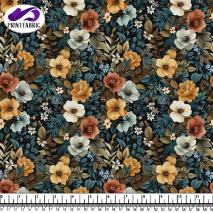 Motif floral en orange, jaune et brun sur fond noir