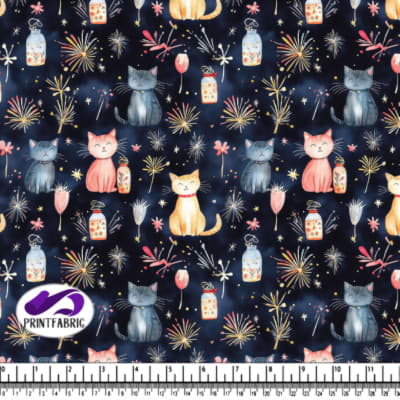 Whimsical Cat and Fireworks Pattern