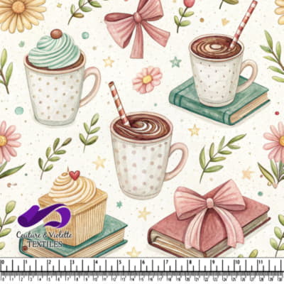 Motif Fantaisiste de Café et Cupcake avec Livres et Fleurs