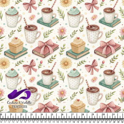 Motif Fantaisiste de Café et Cupcake avec Livres et Fleurs