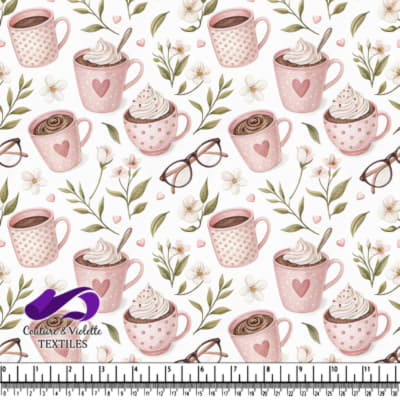 Pink Coffee Cups with Hearts and Floral Pattern on White Background