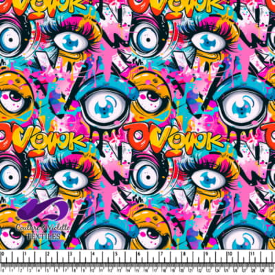 Colorful graffiti-inspired pattern with large expressive eyes