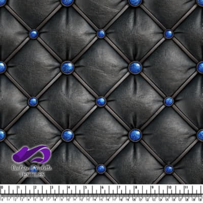 Black tufted leather texture with blue buttons
