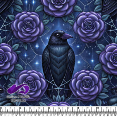 Midnight Raven Surrounded by Purple Roses and Stars Pattern