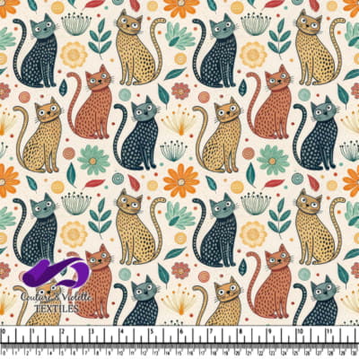 Stylized cats and colorful floral elements