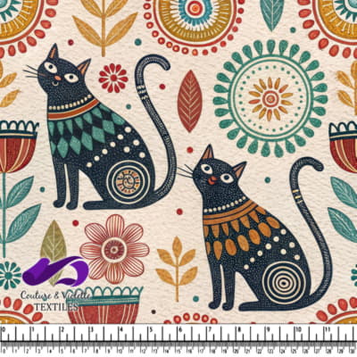 Chats noirs entourés de motifs floraux et géométriques colorés