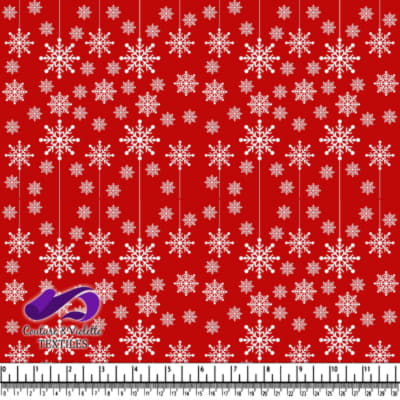 Red fabric with white hanging and scattered snowflakes pattern