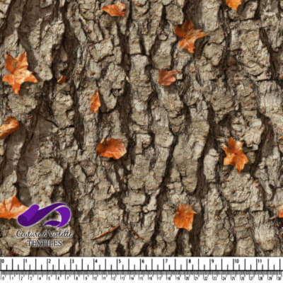 Tee bark texture with scattered autumn leaves