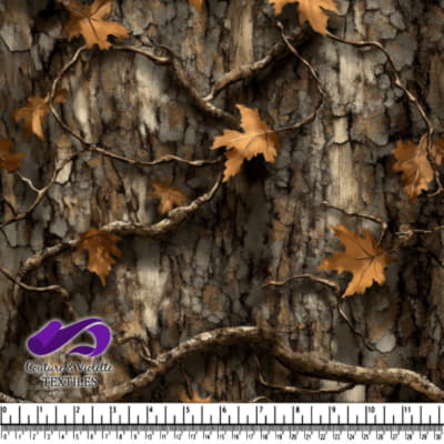 Tree bark with autumn leaves and intertwined vines pattern