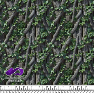 Tree bark with green ivy leaves growing