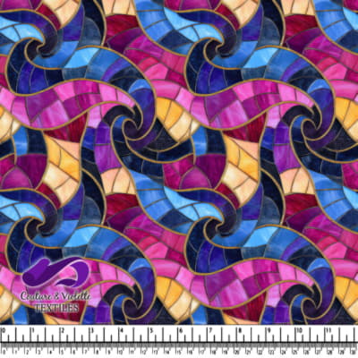 Abstract stained glass pattern with swirling shapes in blue pink purple and gold tones