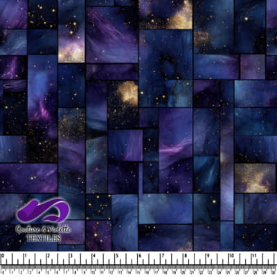 Patchwork of deep space galaxy patterns with gold star accents