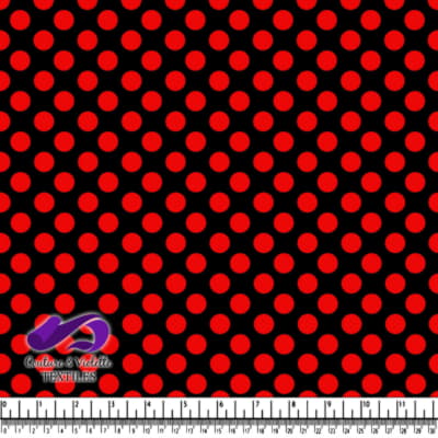 Black fabric with evenly spaced red polka dots