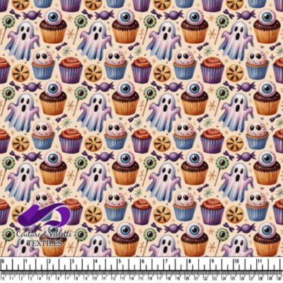 Cupcakes ghosts eyeballs and candy on beige background