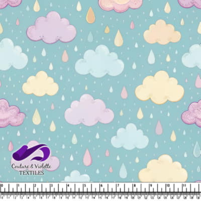Motif Nuages Pastels et Gouttes de Pluie sur Fond Bleu
