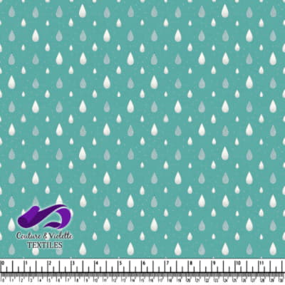 Teal Rain Drop Pattern Fabric with White and Grey Drops