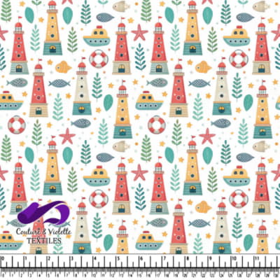 Motif Nautique avec Phare, Poissons et Bateaux sur Fond Blanc