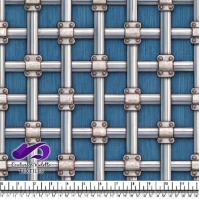 Blue Fabric with Metallic Grid Pattern