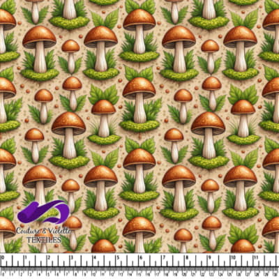 Champignons avec Feuilles Vertes sur Fond Terre