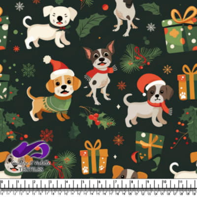 Chiots de Noël festifs avec écharpes et chapeaux de Noël entourés de cadeaux et de verdure festive