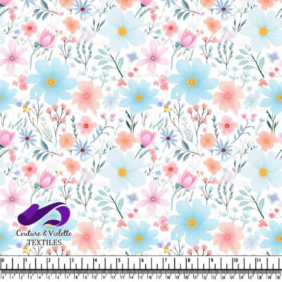 Motif Floral Pastel avec Fleurs Bleues, Roses et Pêches