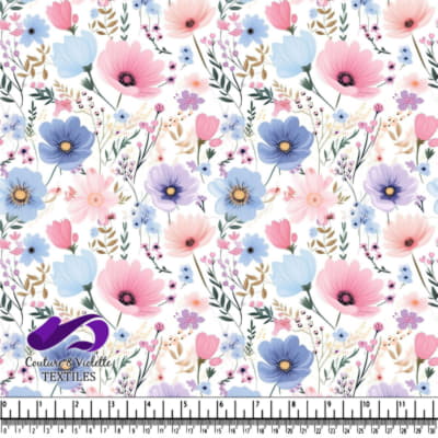 Motif floral pastel avec des fleurs roses, bleues et violettes et des feuilles vertes
