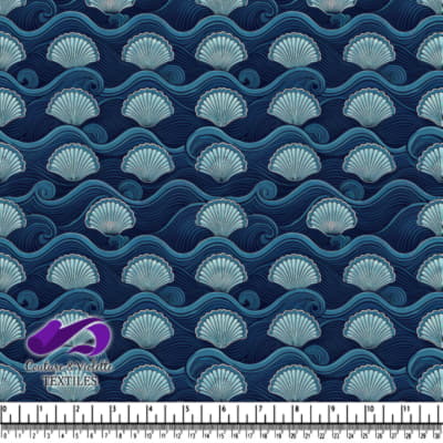 Motif de coquillages et vagues océaniques en nuances de bleu
