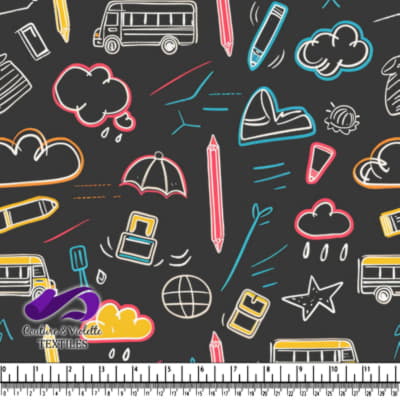 Colorful school and weather doodles pattern on dark background