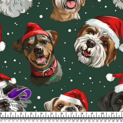 Festive dogs wearing Santa hats on a green holiday background