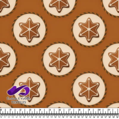 Star-shaped cookies on a brown background with textile branding