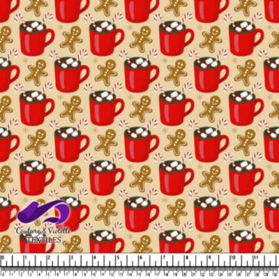 Red mugs of hot chocolate with marshmallows candy canes