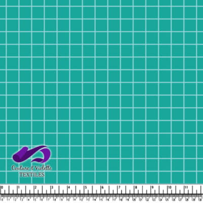 Teal fabric with evenly spaced white grid pattern