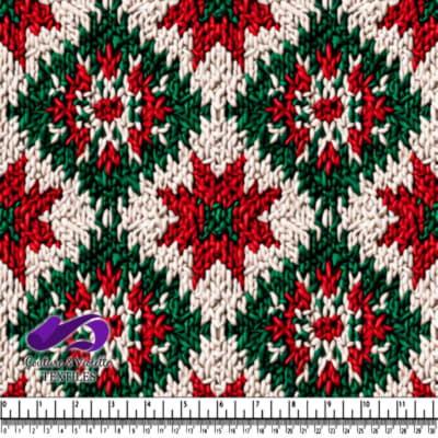 Motif tricoté festif en rouge, vert et blanc avec étoiles et flocons de neige