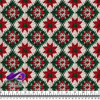 Motif tricoté festif en rouge, vert et blanc avec étoiles et flocons de neige