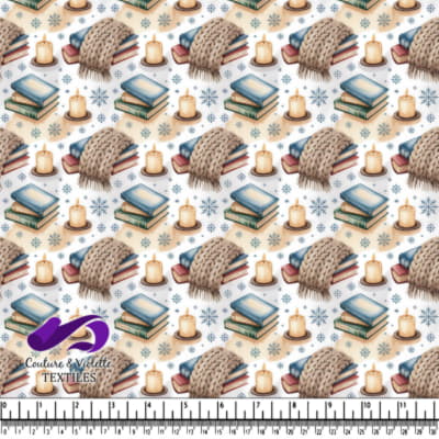Motif hivernal cocooning avec livres, bougies et couverture tricotée