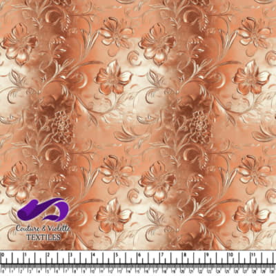 Copper embossed floral pattern textile with intricate swirls and detailed flowers