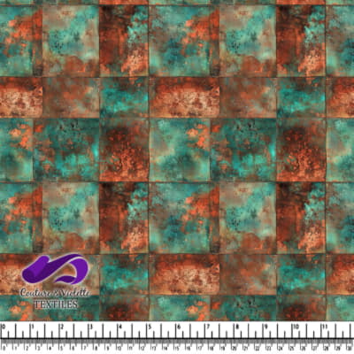 Rustic turquoise and copper textured patchwork fabric pattern
