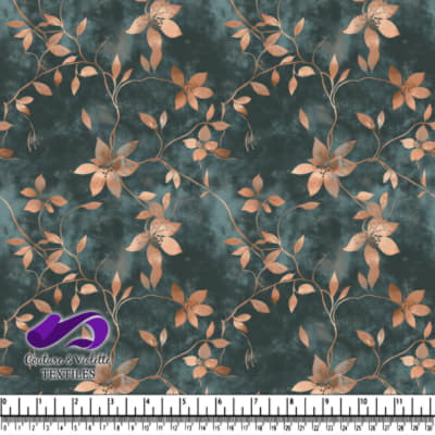 Motif floral cuivré sur fond texturé bleu canard