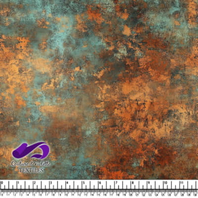 Rustic textured fabric pattern with turquoise and burnt orange tones