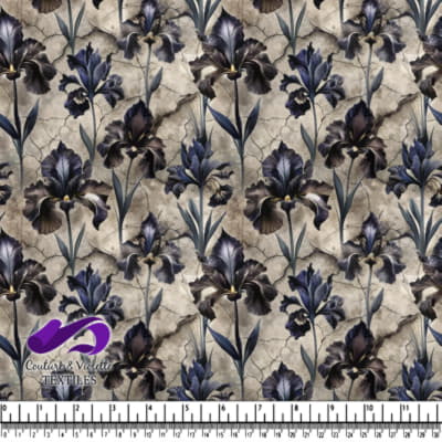 Dark blue irises on cracked stone textured background fabric pattern