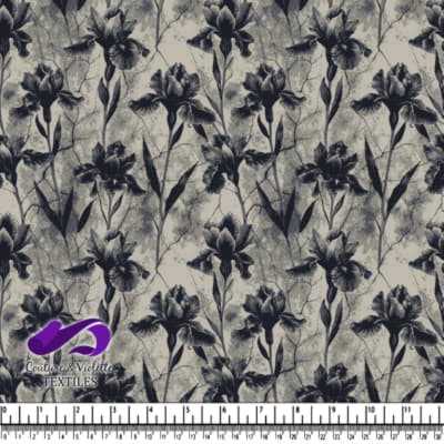 Motif floral noir et gris avec des fleurs d'iris sur un fond texturé