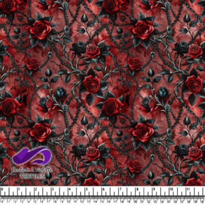 Dark red floral fabric pattern with roses and vines