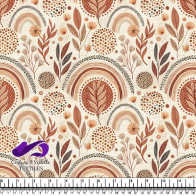 Motif botanique abstrait aux tons terreux avec des feuilles, des arcs-en-ciel et des points