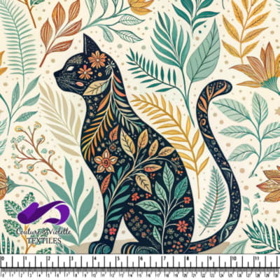 Silhouette de chat en fleurs entourée de feuillages et de fleurs colorées