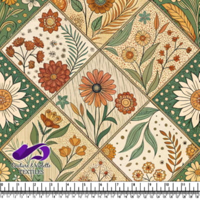Motif patchwork floral vintage avec des fleurs orange et vertes