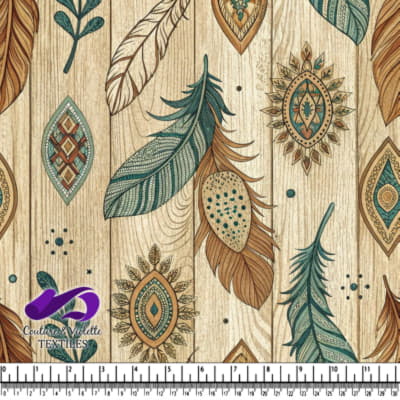 Motif Bohème de Plume et Géométrique sur Fond en Texture Bois