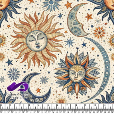 Vintage celestial pattern with suns moons and stars in warm tones