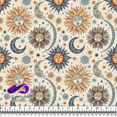 Vintage celestial pattern with suns moons and stars in warm tones