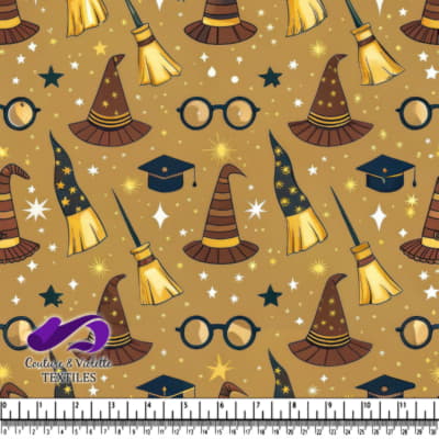 Magical wizard hats brooms graduation caps and glasses